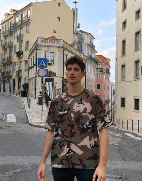 Fileli Sweats Boxy Kamuflaj Tişört - Resim 3