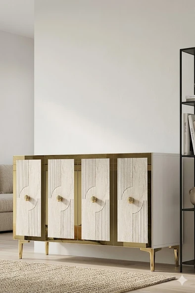 KA1216BTG PEGA Konsol ve Tv Sehpası Beyaz-Traverten-Gold 120cm ürün görseli 1