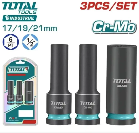 Total 3 Parça 1/2 6 Köşe Darbeli Derin Lokma Takımı THKISD12042L ürün görseli 1