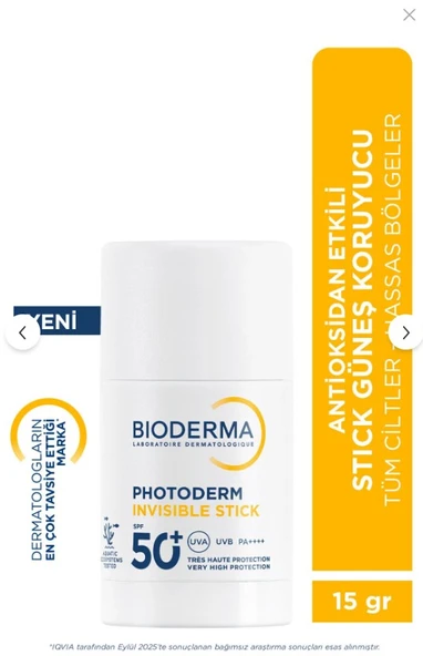 Bioderma Photoderm Invisible Stick SPF50+ Antioksidan UV Koruma İçeren Hassas&Tüm Ciltler Güneş Kremi 15gr ürün görseli 1