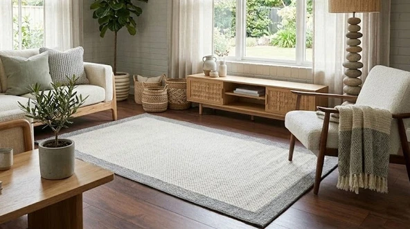 Derin Sisal Gri Çerçeveli Krem Zemin Jüt Sisal Dekoratif Kaymaz Taban Yıkanabilir Halı | ST06 100 X 400 ürün görseli 1