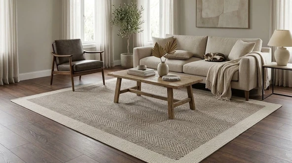 Derin Sisal Krem Çerçeveli Vizon Zemin Jüt Sisal Dekoratif Kaymaz Taban Yıkanabilir Halı | ST02 100 X 500 ürün görseli 1