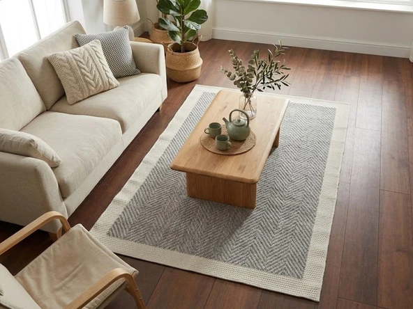 Derin Sisal Krem Bordürlü Gri Jüt Sisal Dekoratif Kaymaz Taban Yıkanabilir Halı | ST03 80 x 200 ürün görseli 1