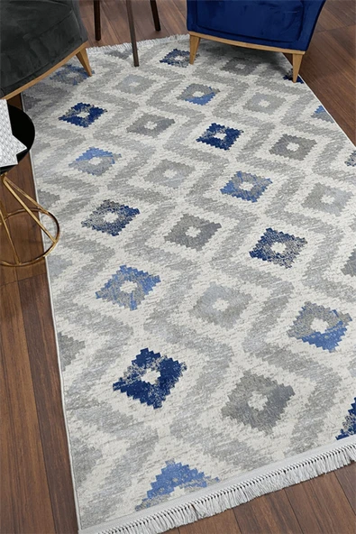 Mavi Krem Altı Kaymaz Dokuma Taban Yıkanabilir Dekoratif Halı - 7066 120 X 180 ürün görseli 1