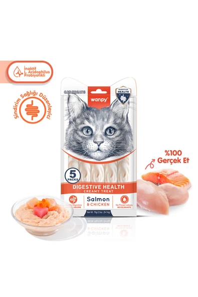 Wanpy Sindirim Sağlığı Düzenleyici Kedi Ödül Maması Somon & Tavuk Probiyotikli Kedi Ödül Kreması 5x14gr ürün görseli 1