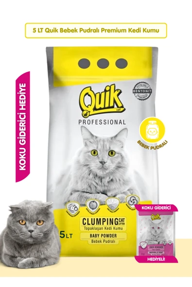 Quik 5LT Bebek Pudralı Bentonit Topaklaşan Doğal Kokusuz Kedi Kumu + Koku Giderici Hediyeli ürün görseli 1