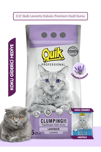 Quik 5LT Lavanta Kokulu Bentonit Topaklaşan Doğal Kokusuz Kedi Kumu + Koku Giderici Hediyeli ürün görseli 1