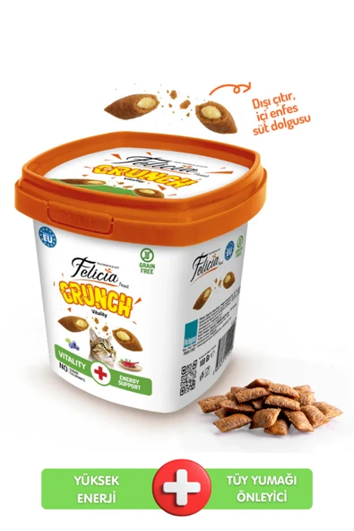 Felicia Tüy Yumağı Önleyici Vitality Enerji Kedi Crunch Ödül Maması Sığır Etli, Yaban Mersini & Sütlü 100 gr ürün görseli 1