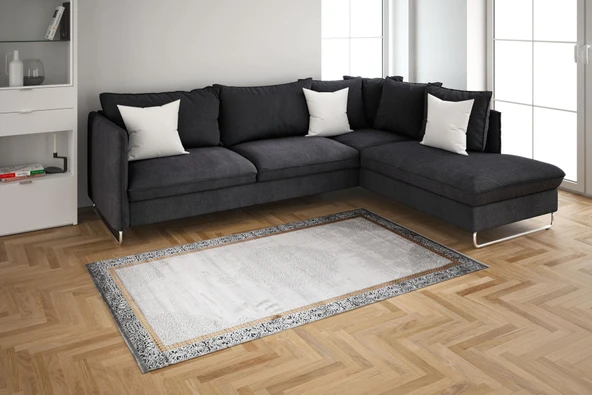 Madalyon Seri Gold Çerçeveli Motif İşlemeli Altı Kaymaz Makine Dokuma Halı | 17200 120 X 180 ürün görseli 1