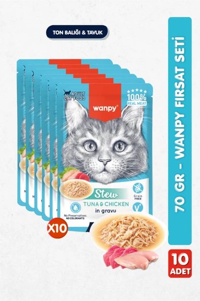 Wanpy 10lu Yetişkin Kedi Yaş Maması Ton Balıklı & Tavuklu Premium Kalite 10 x 70 gr ürün görseli 1