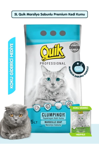Quik 5LT Marsilya Sabunlu Bentonit Topaklaşan Doğal Kokusuz Kedi Kumu + Koku Giderici Hediyeli ürün görseli 1