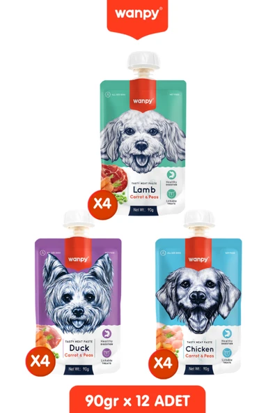 Wanpy 12li 3 Çeşit Karışık Lezzet Tavuk & Ördek & Kuzu & Sebzeli Taze Köpek Et Ezmesi 90 Gr. X 12 Adet ürün görseli 1