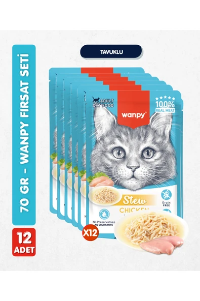 Wanpy 12li Yetişkin Kedi Yaş Maması Tavuklu Premium Kalite 12 x 70 gr ürün görseli 1