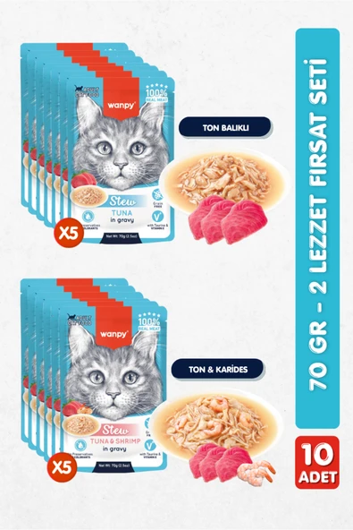 Wanpy 10lu Karışık Yetişkin Kedi Yaş Maması 2 Lezzet Ton Balık Karides Premium Kalite 12 x 70 gr ürün görseli 1