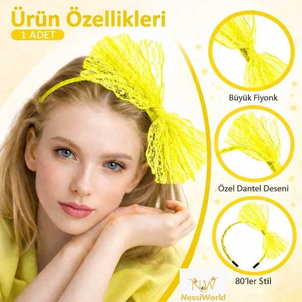 80’ler 90’lar Neon Sarı Dantel Taç Fiyonklu ürün görseli 1