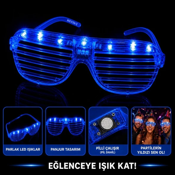 LED Işıklı Panjur Parti Gözlüğü Mavi Renk Gözlük ürün görseli 1