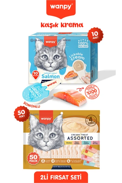 Wanpy 2li Set - Somonlu Tahılsız Kaşıklı Kedi Ödül Kreması ve 50 Adet Krema Kedi Ödülü 20 x 16gr ürün görseli 1