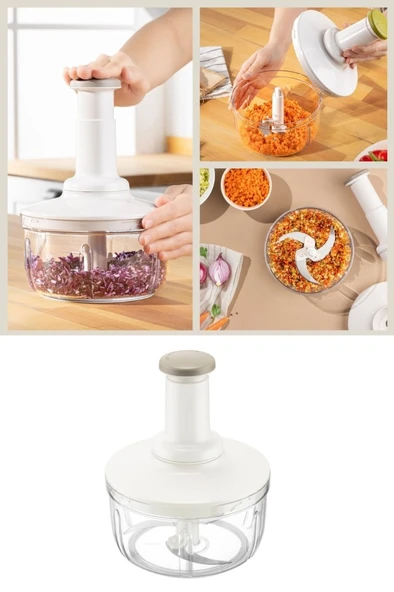 Üstten Basmalı El Rondosu 1500 ml, Paslanmaz 3 Bıçaklı Sebze Doğrayıcı Manuel Mutfak Blender ürün görseli 1