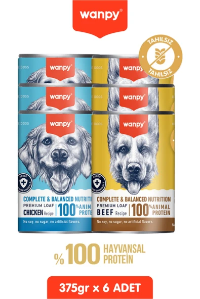 Wanpy 6 Adet Tahılsız Köpek %100 Gerçek Et Biftekli Ve Tavuklu Konserve Yaş Mama 375 gr ürün görseli 1