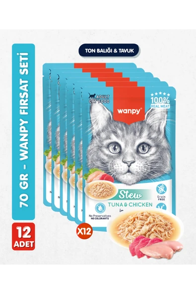 Wanpy 12li Yetişkin Kedi Yaş Maması Ton Balıklı & Tavuklu Premium Kalite 12 x 70 gr ürün görseli 1