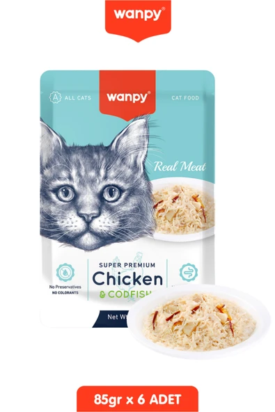 Wanpy Kedi Ödülü Pouch Tavuklu & Morina Balıklı Yaş Kedi Maması 6 Adet x 85gr ürün görseli 1