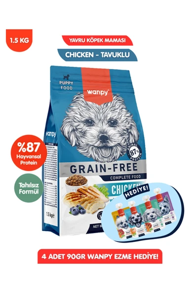 Wanpy HEDİYELİ Tahılsız Tavuklu Yavru Köpek Maması 1,5 kg + 4lü Yaş Mama 90GR Hediyeli! ürün görseli 1