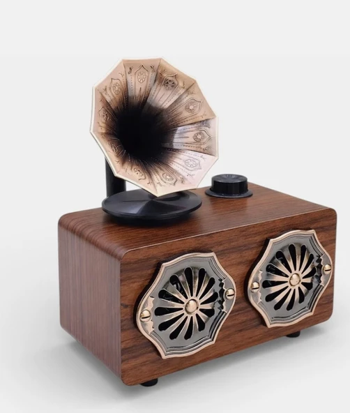 Gerçek Ahşap Gramofon Görünümlü Bluetooth Hoparlör & Nostaljik Radyo ürün görseli 1