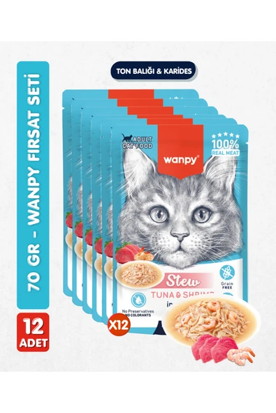 Wanpy 12li Yetişkin Kedi Yaş Maması Ton Balığı & Karides Premium Kalite 12 x 70 gr ürün görseli 1
