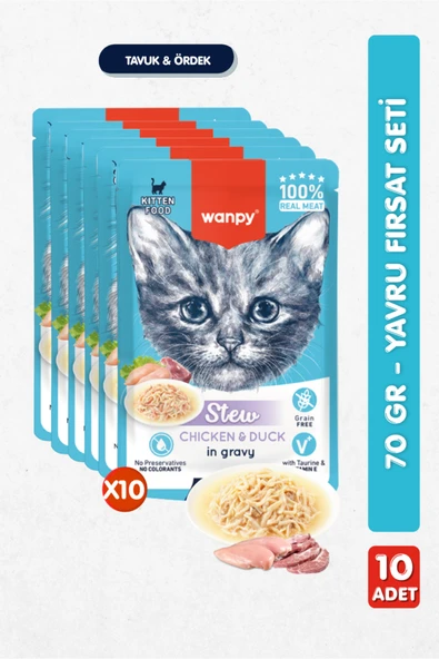 Wanpy 10lu Yavru Kedi Yaş Maması Tavuklu & Ördekli Premium Kalite 10 x 70 gr ürün görseli 1