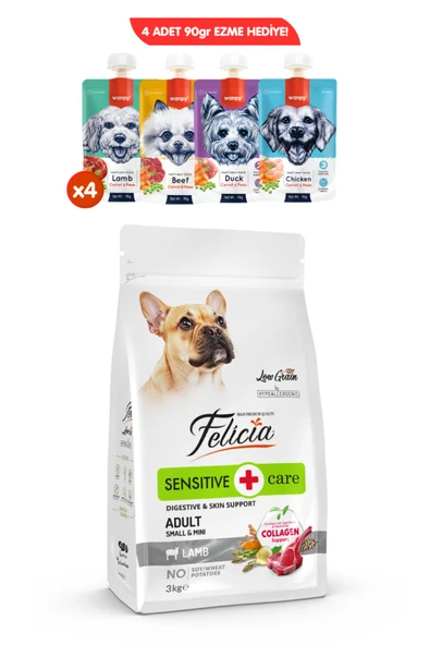 Felicia Kolajen Destekli Hipoalerjenik Kuzulu Yetişkin Küçük Irk Köpek Maması 3KG + 4 ADET Wanpy Ezme 90gr ürün görseli 1