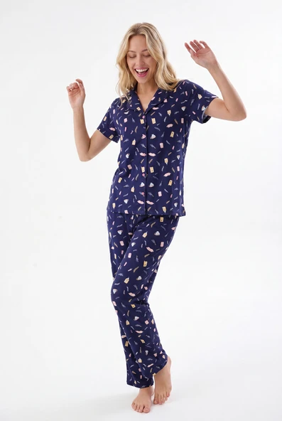 Lacivert Sweet Dreams Önden Düğmeli Pijama Takımı ürün görseli 1