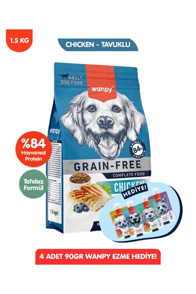 Wanpy HEDİYELİ Tahılsız Tavuklu Yetişkin Köpek Maması 1,5 kg + 4lü Yaş Mama 90GR Hediyeli! ürün görseli 1