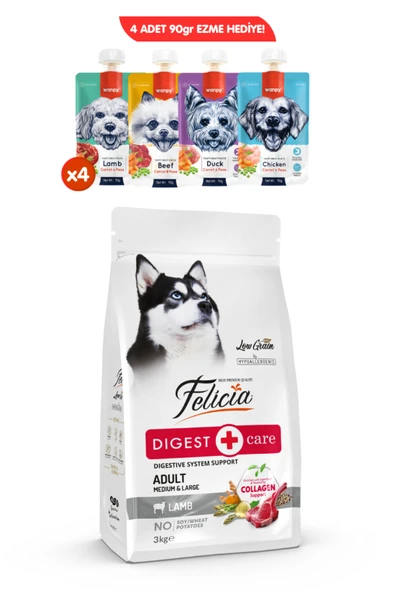 Felicia Kolajen Destekli Hipoalerjenik Kuzulu Yetişkin Medium Köpek Maması 3KG + 4 ADET Wanpy Ezme 90gr ürün görseli 1