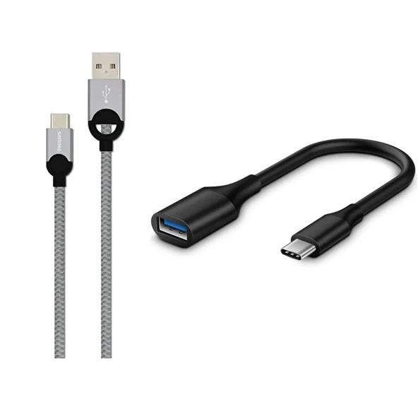 Philips 5A 100W UsbA to Type-C Örgülü 1.2M Hızlı Şarj Data Kablosu+ ScHitec Type-C to UsbA 3.0 OTG Dönüştürücü Adaptör ürün görseli 1