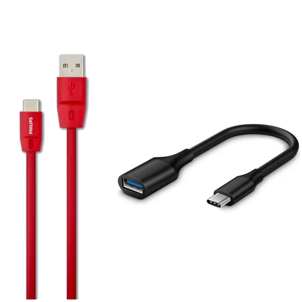 Philips 5A 100W UsbA to Type-C 1.8 M Hızlı Şarj ve Data Kablosu + ScHitec Type-C to UsbA 3.0 OTG Dönüştürücü Adaptör ürün görseli 1
