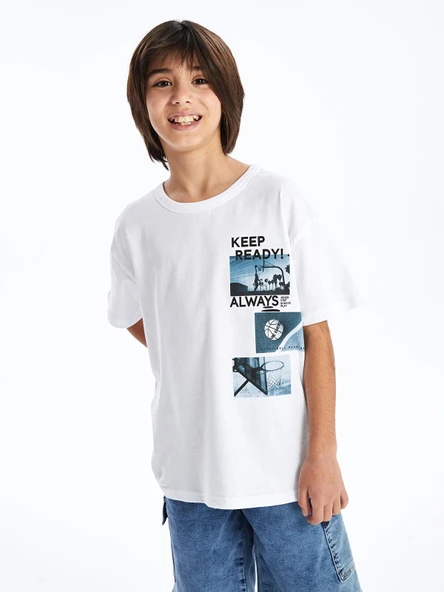 LCW Kids Beyaz Oversize Bisiklet Yaka Erkek Çocuk Tişört ürün görseli 1