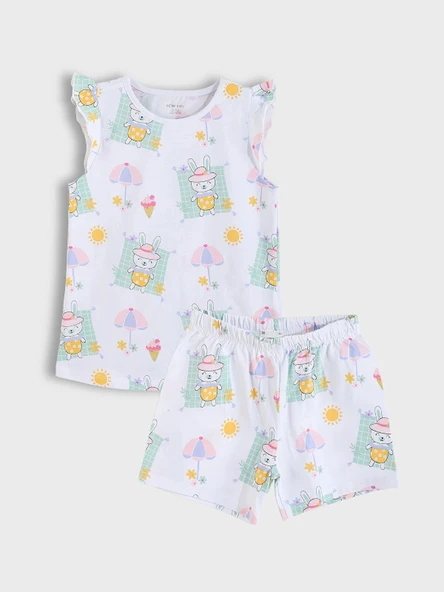 LCW baby Ekru Bisiklet Yaka Baskılı Kız Bebek Şortlu Pijama Takımı ürün görseli 1