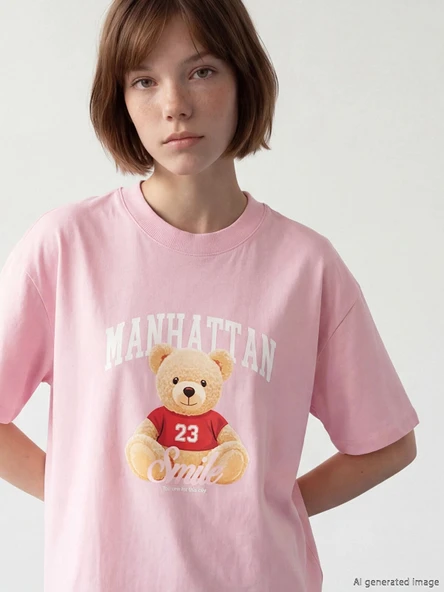 LCW Modest Pembe Bisiklet Yaka Manhattan Baskılı Kadın Tişört ürün görseli 1