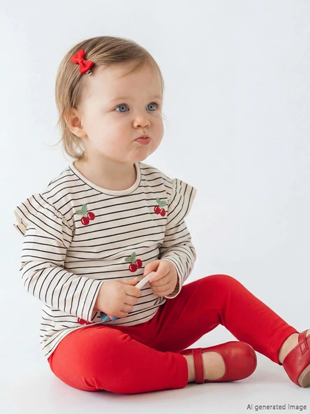 LCW baby Bej Çizgili Nakışlı Kız Bebek Tişört ve Tayt ürün görseli 1