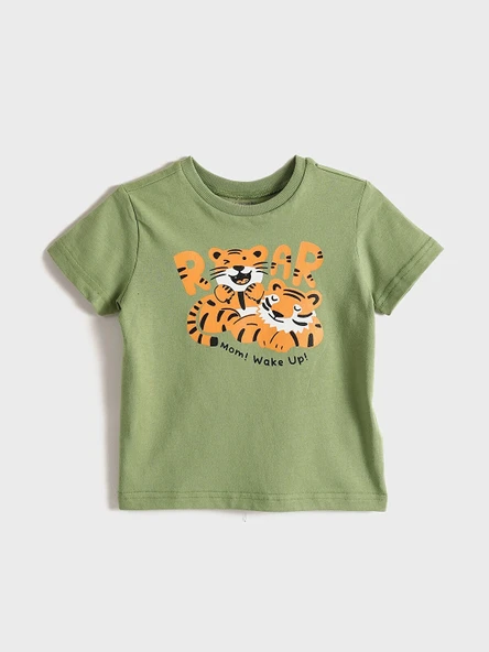 LCW Kids Yeşil Bisiklet Yaka Kısa Kollu Baskılı Erkek Bebek Tişört ürün görseli 1