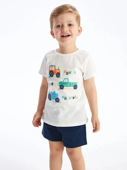 LCW baby Beyaz Bisiklet Yaka Kısa Kollu Baskılı Erkek Bebek Şortlu Pijama Takımı ürün görseli 1