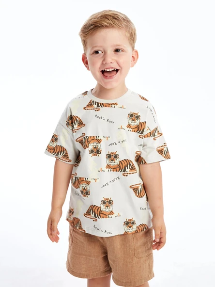 LCW Kids Bej Bisiklet Yaka Kısa Kollu Baskılı Erkek Bebek Tişört ürün görseli 1