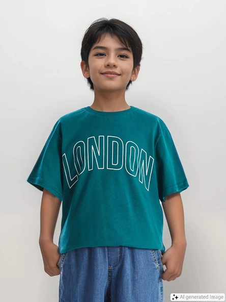 LCW Kids Yeşil Bisiklet Yaka Baskılı Kısa Kollu Erkek Çocuk Tişört ürün görseli 1
