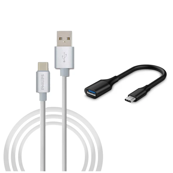 Philips 3A 60W UsbA to Type-C 1.2M Hızlı Şarj ve Data Kablosu Beyaz + ScHitec Type-C to UsbA 3.0 OTG Dönüştürücü Adaptör ürün görseli 1
