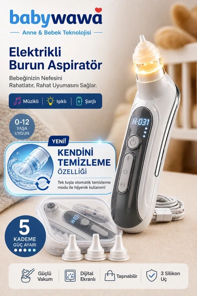 Babywawa H-031 Şarjlı Kendini Temizleyen 5 Kademe Burun Aspiratörü 0-12 Yaş Işıklı Müzikli Nazal Asp ürün görseli 1