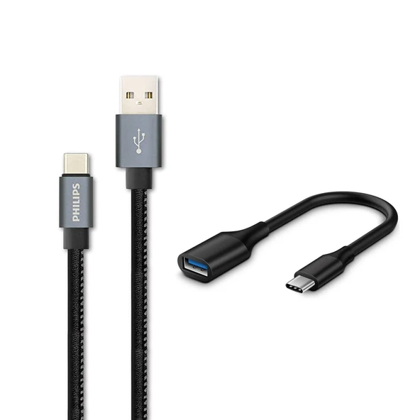 Philips 3A 60W UsbA to Type-C Deri Kaplama Hızlı Şarj Kablosu 1.2m + ScHitec Type-C to UsbA 3.0 OTG Dönüştürücü Adaptör ürün görseli 1
