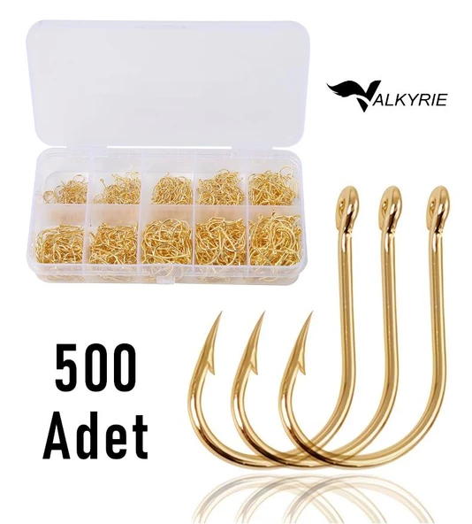 Valkyrie 500 Adet Altın Renk Olta İğnesi Seti – 10 Farklı Boy, Paslanmaz Çelik, Halkalı Keskin Balık Kancası ürün görseli 1