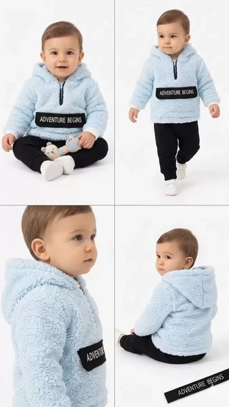 6/24 Ay Kapşonlu Kuzu Kumaş Bebek Takımı ürün görseli 1