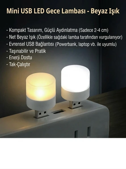 Usb Led Küçük Beyaz Işık Lamba, Koridor, Tuvalet, Oturma, Çocuk Odası Gece Aydınlatma 2 Adet ürün görseli 1
