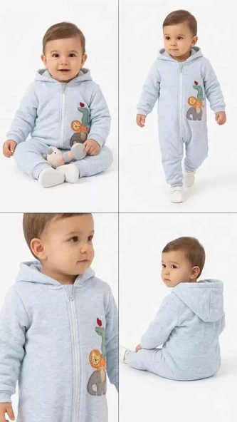 3/12 Ay Nakışlı Kapşonlu Bebek Tulumu ürün görseli 1